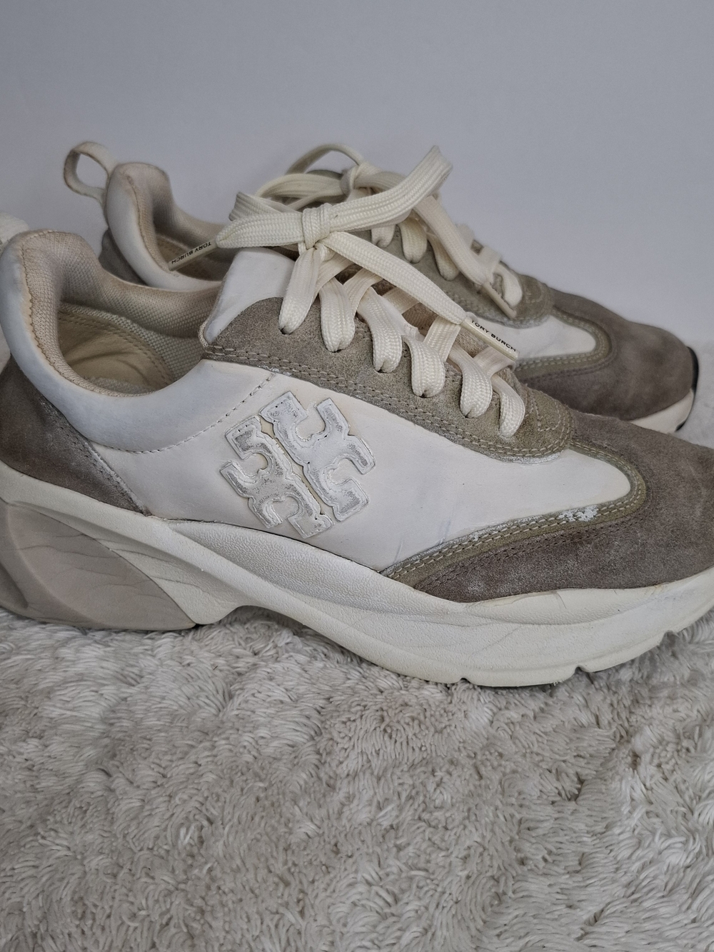 Tory Burch Cream & Beige Layered Suede Leather Sneakers